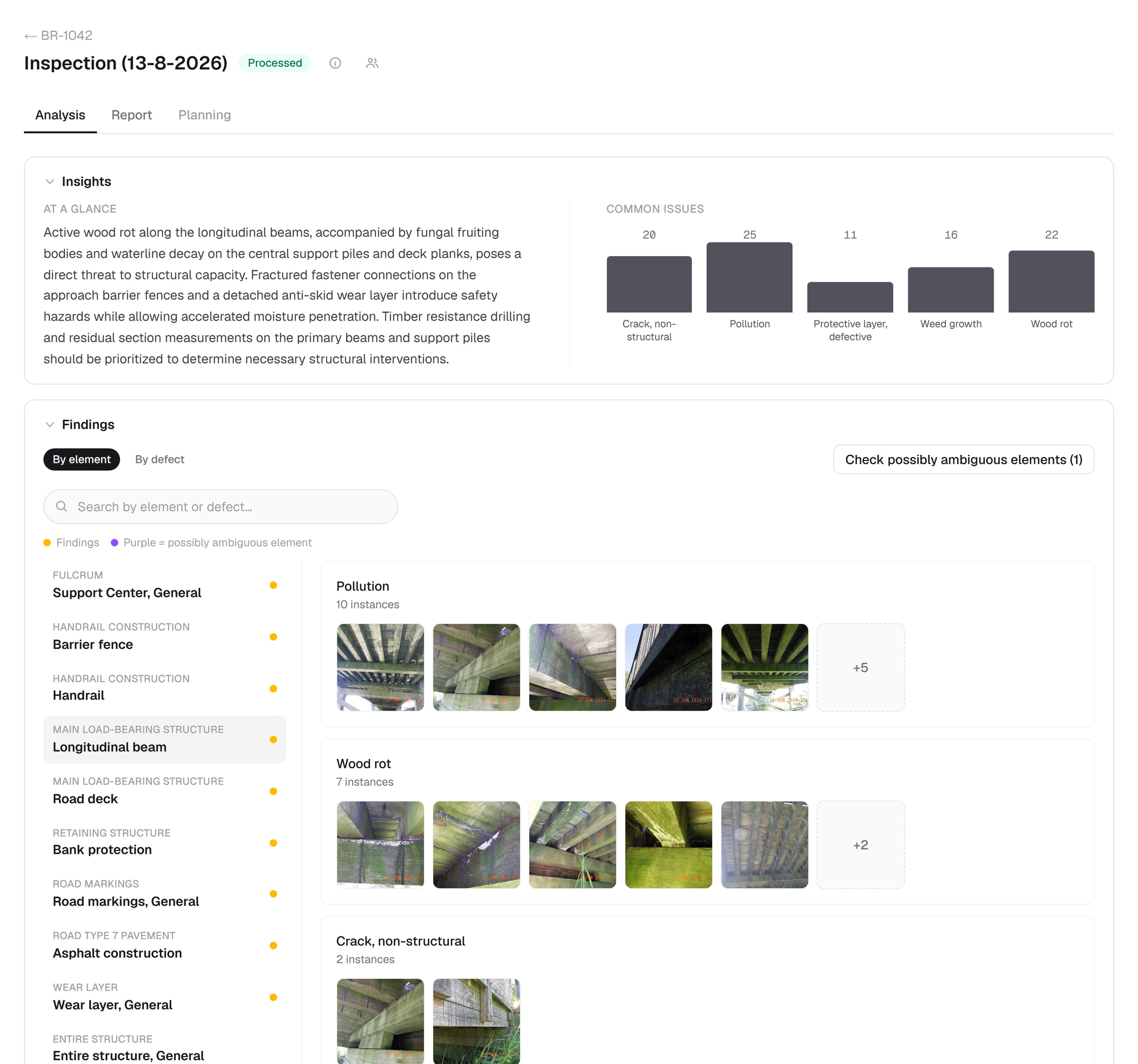 RapidInspectionAI inspection analysis view: an AI summary of a timber bridge's condition, a chart of the most common defects, and findings grouped by element with the matching field photos.