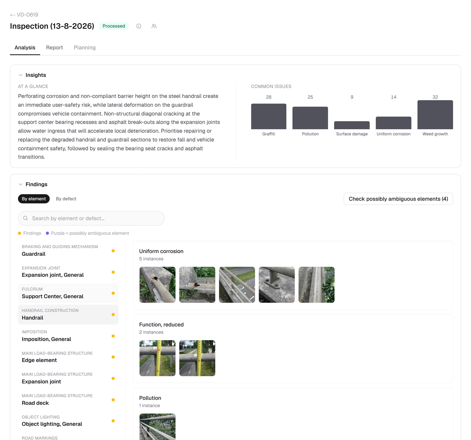 RIAI Keystone analysis view for a concrete viaduct: a written summary of its condition, a chart of the most common defects, and findings grouped by element with the matching field photos.