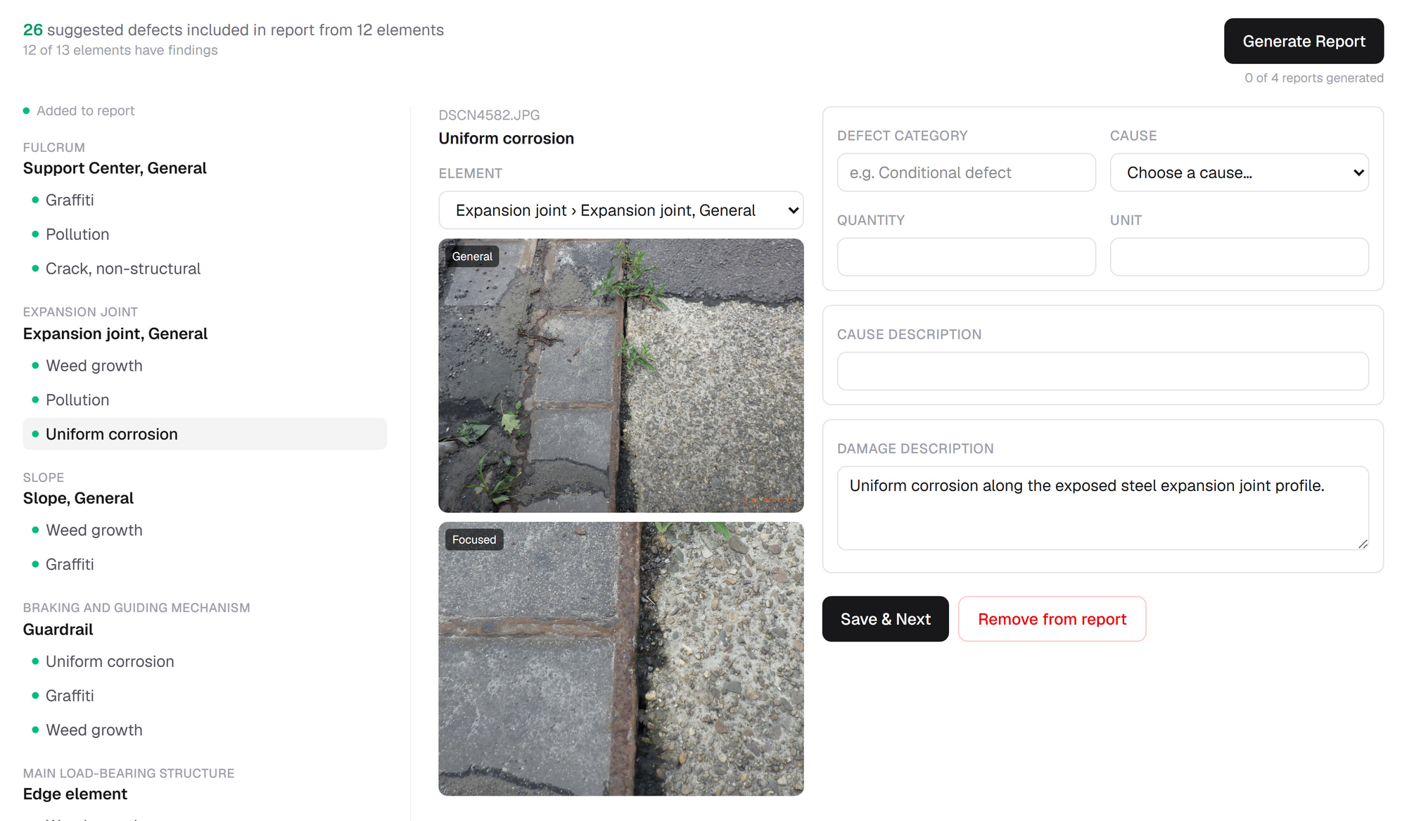 Report view: corrosion on a viaduct expansion joint, with the original photo, a focused crop, and the structured fields that become the report line.