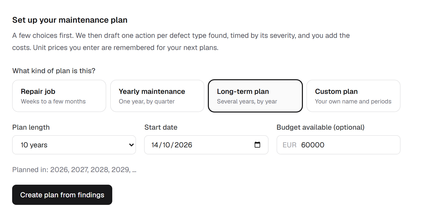 Setting up a maintenance plan: choose a repair job, yearly maintenance, a long-term plan or a custom plan, then its length, start date and budget.