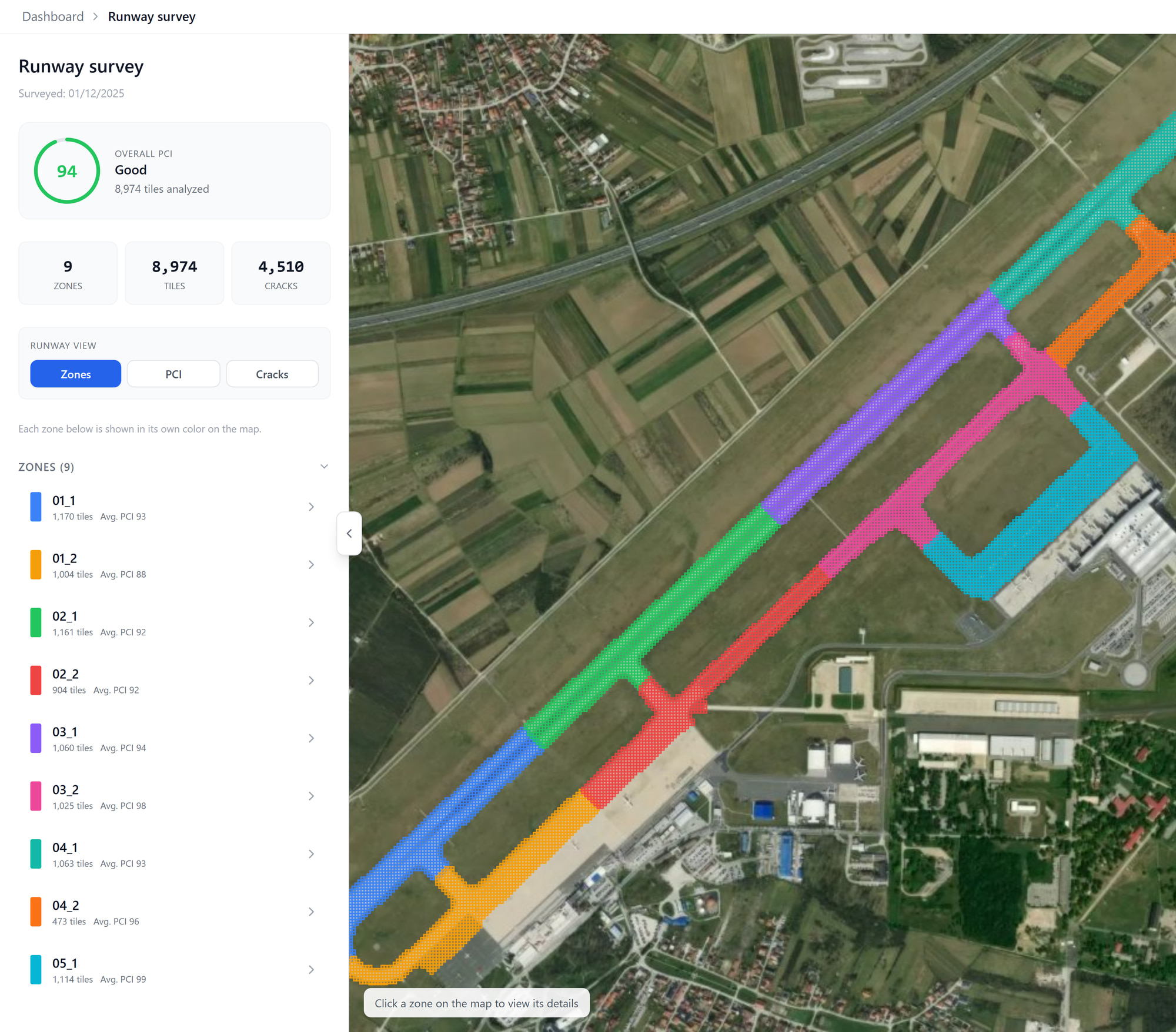 Tessera survey view: nine colour-coded zones overlaid on aerial imagery of an airfield, with overall condition index, tile count and crack count.