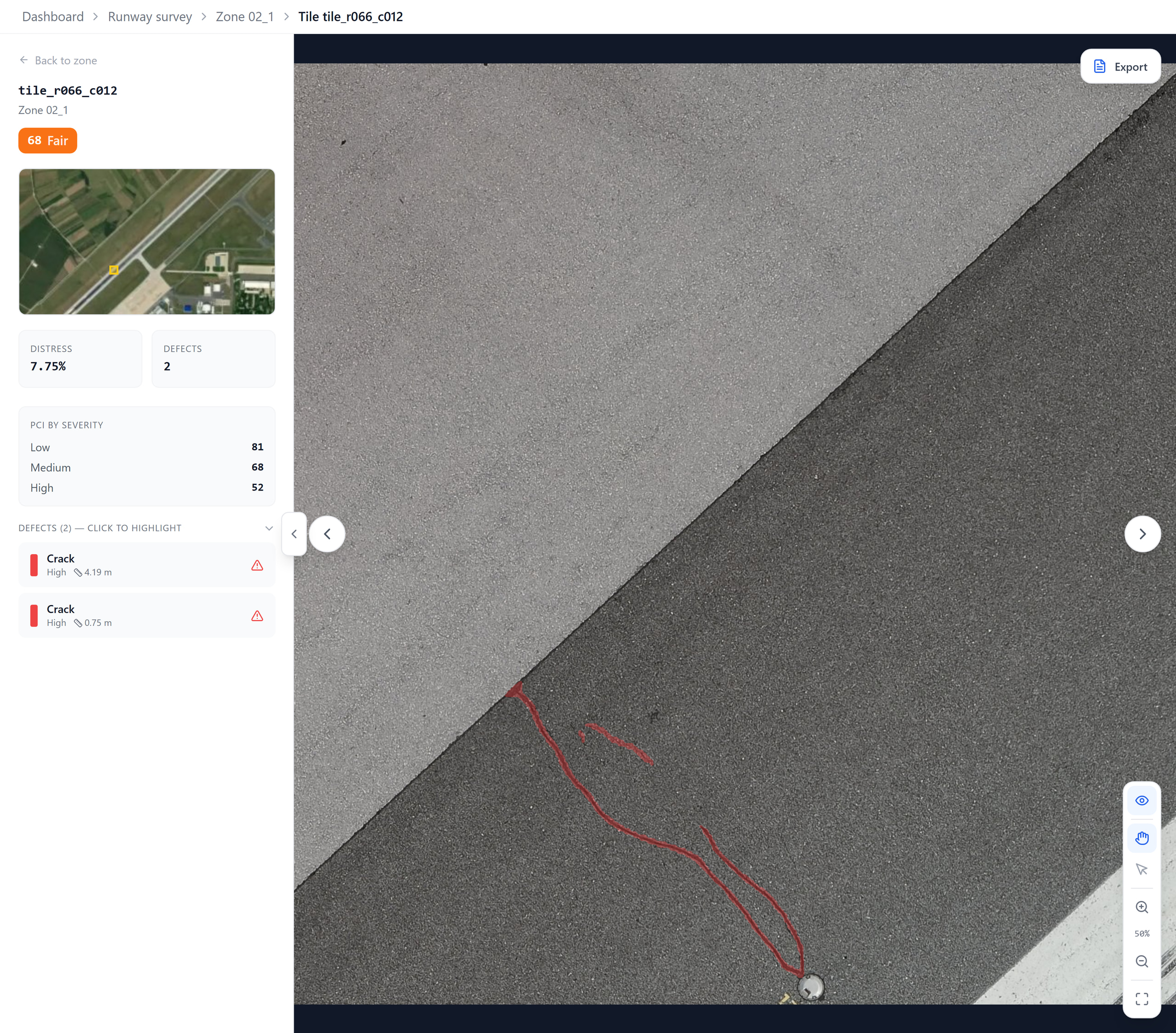 Tessera tile view: a fine hairline crack traced in red along a pavement joint, beside a list giving each crack's severity and length in metres.
