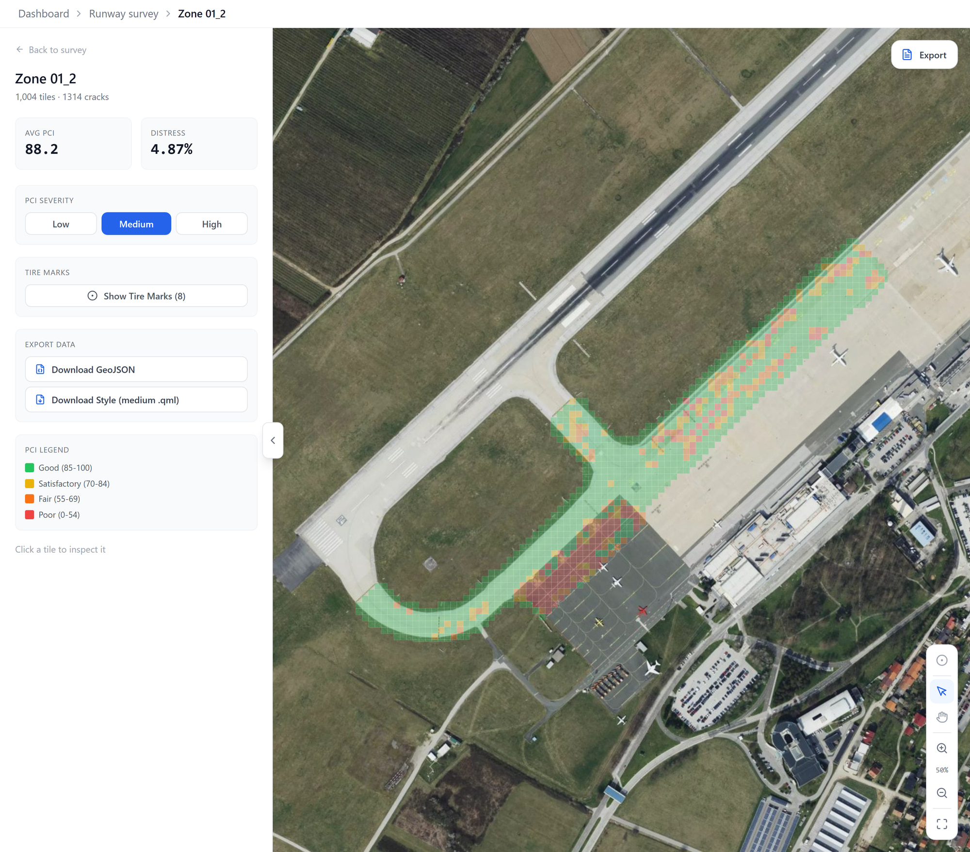 Tessera zone view: a runway and taxiway tiled and colour-coded by pavement condition index, with a legend from good to poor.